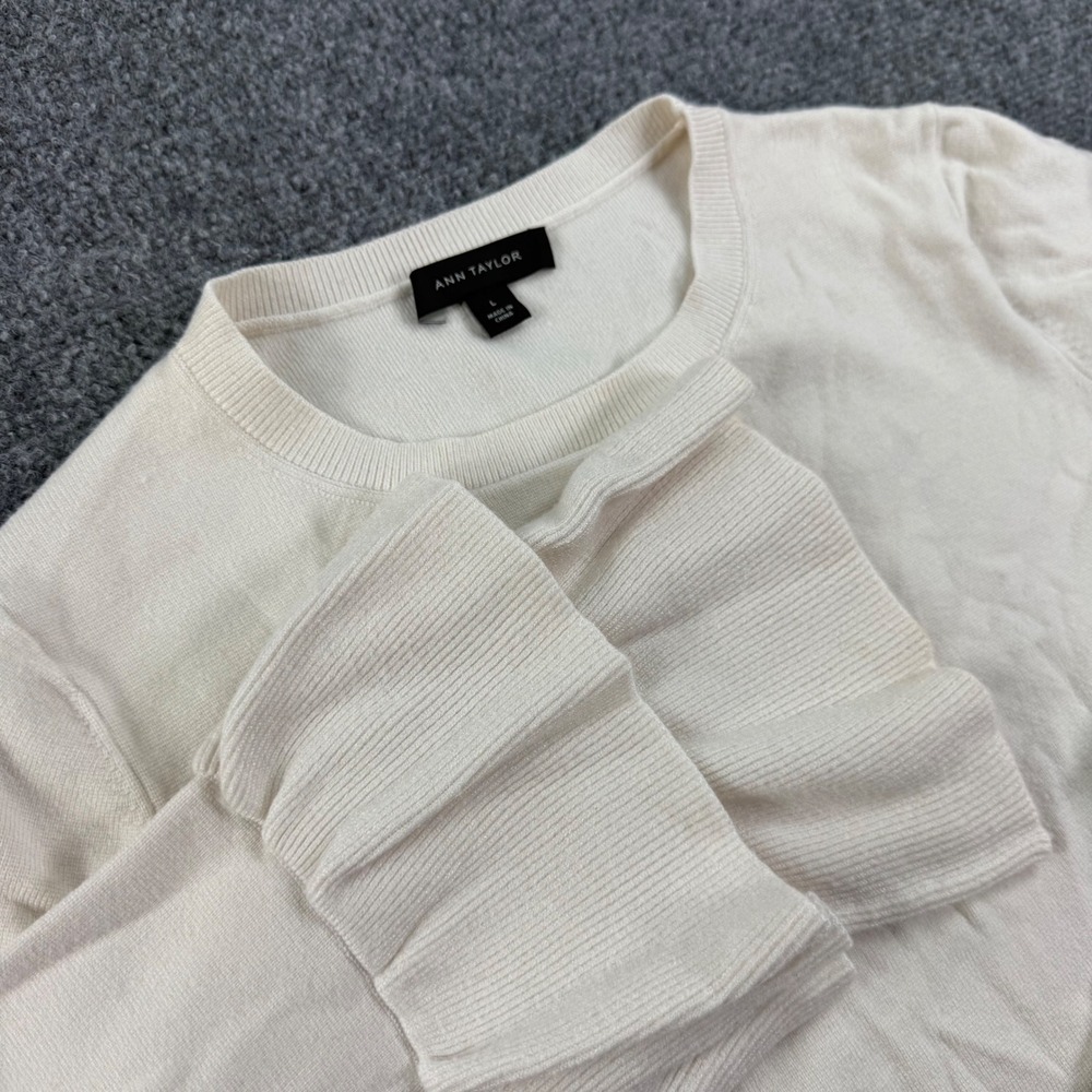Ann Taylor Sweater Large Cream Tiered Ruffle Bell Sleeve Knit Top Womens